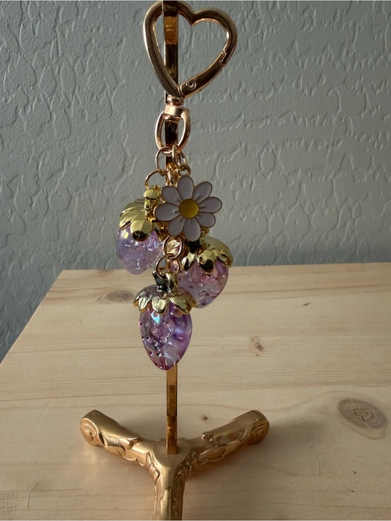 Jewelry - Gold Daisy Charm Keychain with Purple Strawberry Charms
